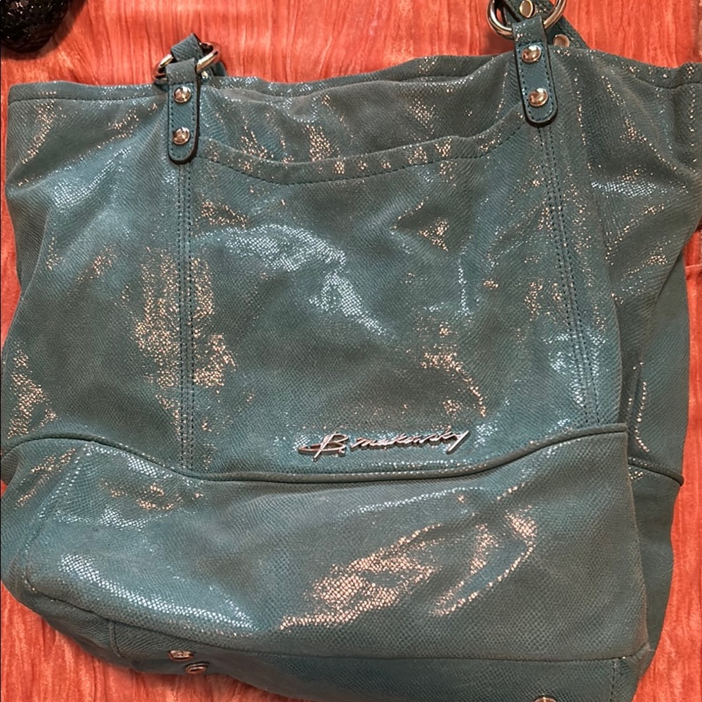 Blue Distressed Tote Bag with Dark Hardware